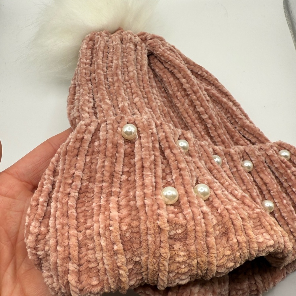 Pink Knit Beanie with Faux Fur Pom - Picture 3 of 5